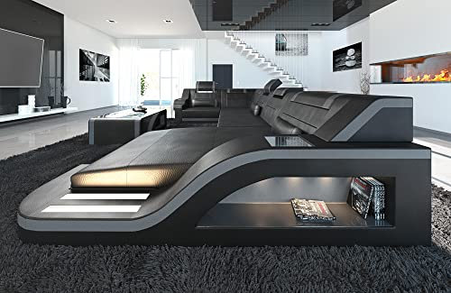 Wohnlandschaft Palermo Sofa U Form Ledersofa - mit LED Beleuchtung, verstellbare Kopfstützen, Recamiere/Lederfarben wählbar/Ausrichtung wählbar (Ottomane rechts, Schwarz-Grau)