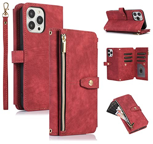 UEEBAI Étui pour iPhone 12 Pro Max 6.7 inch, Portefeuille Cuir PU Rétro Rabat Antichoc Housse avec Dragonne Fentes Cartes Fonction Support Fermeture Magnétique - Vintage Rouge