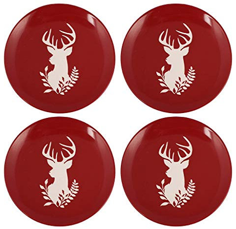 Side Plate Set of 4 - Hand Painted Red & White Reindeer Stoneware Crockery Dinner Service Dishwasher & Microwave Safe Christmas Dinner Table Serving Dessert/Bread/Side Plates