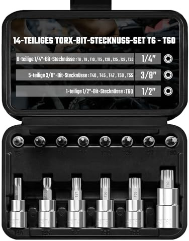 Mr.wintek Torx Bit Steckschlüsselsatz, 14-teiliger Stern T6 - T60 Bit Satz, 1/4 3/8 1/2 Antrieb, Premium S2 Alloy Steel Bits, Cr-V Steckschlüssel, verbesserter Aufbewahrungskoffer
