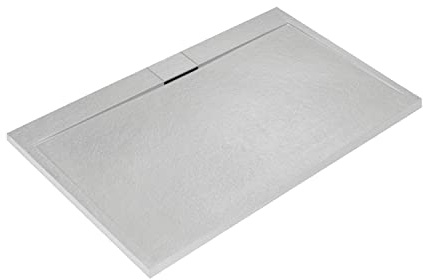 Ideal Standard - Ultra Flat S i.life, Plato de ducha rectangular 200x90 de resina, desagüe lateral largo, acabado mate efecto piedra, gris cemento