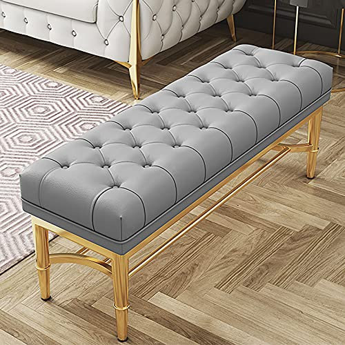 Premium-Lederbank mit goldenem Schuhregal, mit Knöpfen gepolstert, Ende der Bettbank, Sitzbank, moderne Flur, Schuhbank, Schuhablage, Organizer, 90 x 33 x 48 cm, Grau