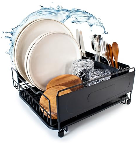 NANTHU® Abtropfgestell Geschirr - 35 x 31 x 15,5 cm - rostfrei mit ausziehbarer Abtropfschale - Premium Geschirrabtropfgestell schwarz