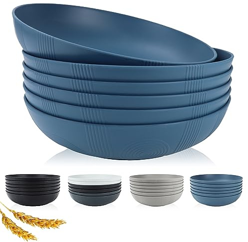 PYRMONT 10inches Large Pasta Bowls Set of 6-65oz Wheat Straw Bowl,Bowl Plates,Large Plastic Bowls Reusable for Pasta,Salad,Soup,Unbreakable & Lightweight Plates for Kitchen,Dishwasher Safe,BPA-Free