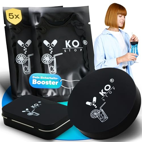 Ko Stop® Getränkeschutzdeckel – 5er Einweg-Schutz vor K.O.-Tropfen, Insekten & Pillen – Schwarz, aus Naturkautschuklatex – mit Trinkhalmloch – Festival Drink Cover in Metalldose