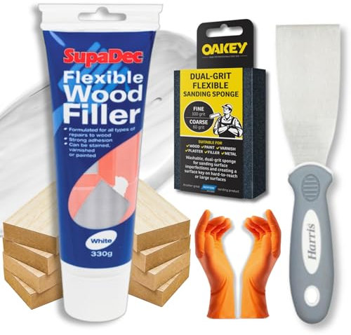 Holzspachtelwerkzeug-Set mit 330 g Supadec flexiblem weißem Holzspachtel, Harris-Füllmesser, Oakey Schleifschwamm und Paar latexfreie Handschuhe – einfach zu bedienen und anzuwenden für alle Arten von