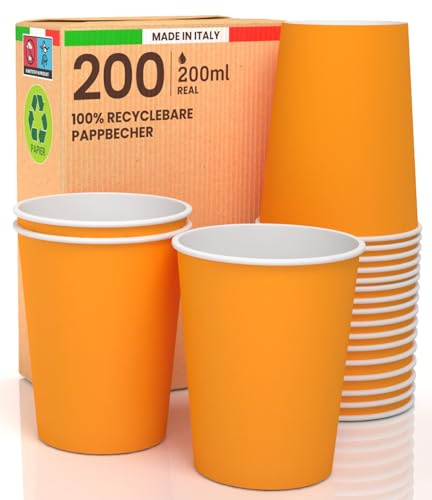 Baciato Caffè 200 Pappbecher, 200 ml, umweltfreundlich, biologisch abbaubar, Einwegbecher, hergestellt in Italien, für den Sport, heiße Getränke, bunt, orange, hergestellt und verpackt in Italien