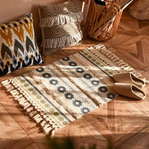 Plancholo Tuftad bomullsmatta med tofsar, boho-matta löpare för vardagsrum sovrum tvättstuga entré 60 x 90 cm