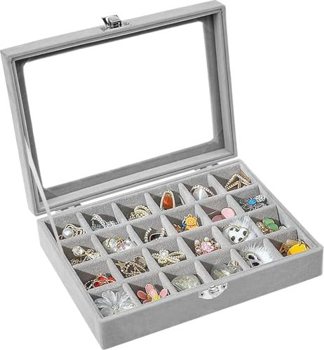 24 scomparti portagioie donna,20x15x2,5cm Scatola per Gioielli in Velluto,Porta Orecchini Organizer,Scatola di gioielli con coperchio trasparente per anelli, orecchini, collane