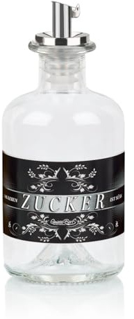 Geniess-Bar! Zuckerstreuer aus Glas ZUCKER mit Geschenkbox & Edelstahl Ausgiesser leer Weiß auf Schwarz