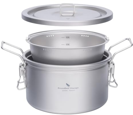 iBasingo 2L Titantopf mit herausnehmbarem Einlage‑Einsatz & Deckel, Ultraleicht Tragbarer Outdoor Kochtopf für Reiskochen und Suppe, Camping Kochgeschirr Ti2087C