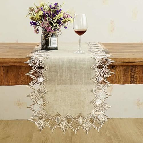 URROMA Spitzen-Tischläufer, Leinen-Tischläufer, Beige, Spitze, Couchtischläufer, Kommode, Schal, Küche, Zuhause, Outdoor, Picknick, Hochzeitsdekoration, 93 x 46 cm, 1 Stück