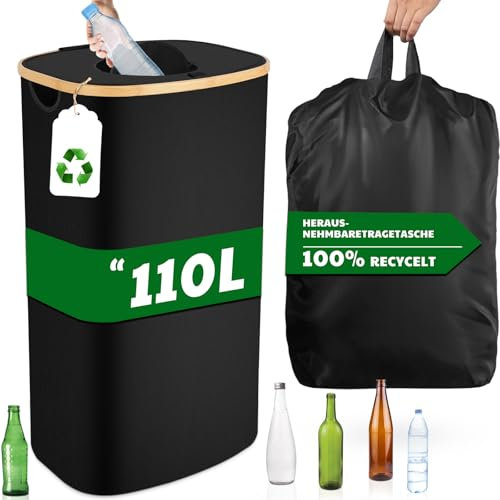 PHYSEN 110L Pfandflaschen Sammelbehälter mit Deckel, Pfandbehälter Aufbewahrung, Bambus Pfandflaschen Organizer, XXL Faltbar Flaschensammler Leergut Sammelbehälter mit Loch, Behälter Leergut & Altglas