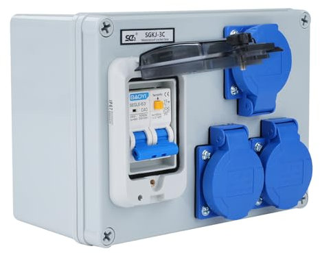 Distributore di corrente da costruzione 16A Distributore a parete con interruttore FI 1P+N da 50A Distributore 16A con 3 prese (distributore di corrente da 2 poli 250V) IP54 Impermeabile.