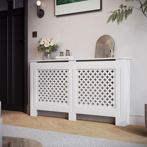 SIRHONA Cache-radiateur, Motif Nid d'abeille, MDF Laqué Blanc, 152x19x81,5 cm, Peut Placer des Décorations, Adaptées au Salon, à la Chambre, au Couloir