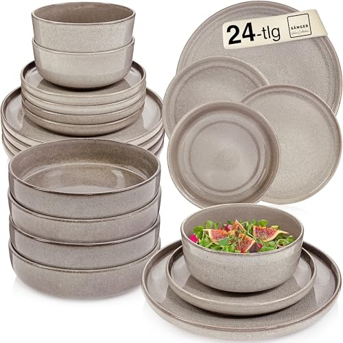SÄNGER Kairo Clay Geschirrset 6 Personen, 24-tlg. Teller Set, Beige-Sand | Geschirr Set aus Steingut: je 6 Speise- & Dessertteller, Müsli- & Pastaschalen – spülmaschinen-, mikrowellen- & kratzfest