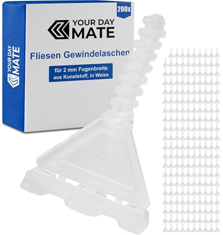 Fliesen Nivelliersystem Gewindelaschen, 200 Stück, für 2 mm Fugenbreite und 5-20 mm starke Fliesen, Zuglaschen mit Gewindekopf, Montagehilfe Kit Fliesen, Fliesenverlegsystem Zubehör, Verleghilfe Set