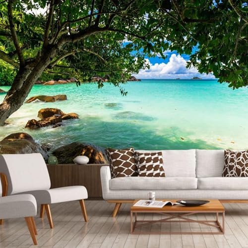LUPAXA Tapetenwandbild Mit Steinen Und Bäumen Am Meer 400x280cm Moderne Naturtapete 3D Seidentapete Büro Wohnzimmer Restaurant Hotel Wäscherei Nicht Selbstklebend