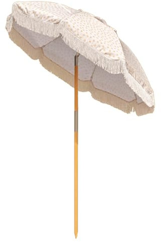 Parasol de plage avec franges - Motif à pois orange - 180 cm - Avec protection UV UPF 50+ - Résistant à l'eau - Fonction d'inclinaison - Mât en bois de 3,5 cm - Pour l'extérieur, 1 couleur, 1.8 m
