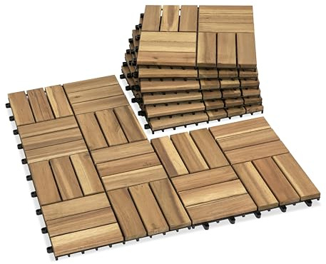 VICTORY RELAX Acacia Wood Decking Tiles 9PCS - Easy Snap Interlocking Deck Tiles for Patio Poolside Balcony Decor - All Weather Waterproof Flooring for Indoor & Outdoor (Round Joints)