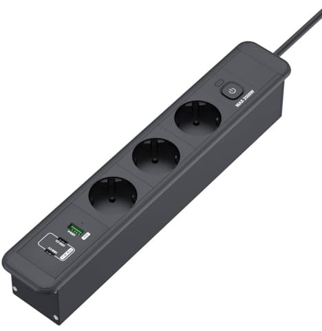 Versenkbare Steckdose mit USB, 3 Fach Einbausteckdose mit 2 USB, Tischplatte Versenkte Steckdose mit 2 USB C, Einbau Steckdosenleiste mit 1.8M Kabel für Arbeitsplatte Möbel, Schwarz