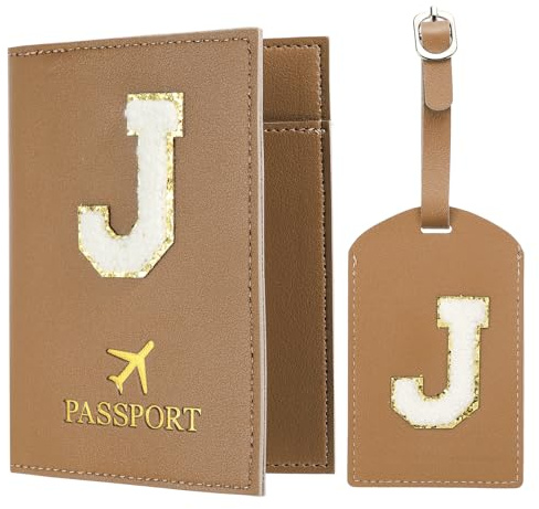 PATIKIL Reisepasshülle und Kofferanhänger Set, Reisepasshülle Passport Hülle für Reisen mit Alphabet Buchstaben Reisebrieftasche Koffer Identifikator für Frauen Braun J