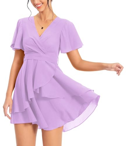 PCEAIIH Women's Deep V-Neck Empire Ruffle Mini Skater Dress