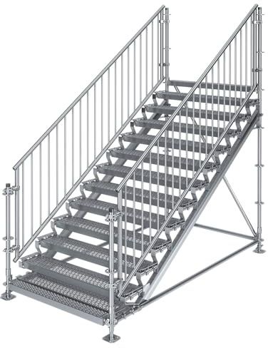 Escalera de construcción Comfort Plus, altura regulable 2,15 – 2,40 m, ancho de escalón de 1,50 m, independiente, kit completo de anillo de acero galvanizado en caliente