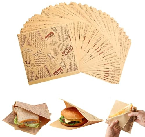 PISTISJACK 150PCS Papier Emballage Alimentaire, Papier Journal Alimentaire,Emballage sandwich, Paper Burger, Paper Frite, papier Sulfurisé pour Sandwich Burger Frites (18 x 18 cm)