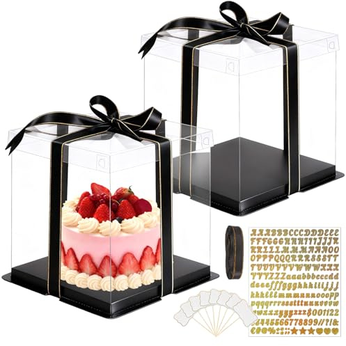 NAHUAA 2 Stück Tortenschachtel 24x24x27 cm Geschenkbox Durchsichtig Tortenbox Transparent Tortenkarton Hoch Kuchenkarton Torten Kuchen Transportbox Cake Box mit Sockel und Band für Geburtstag
