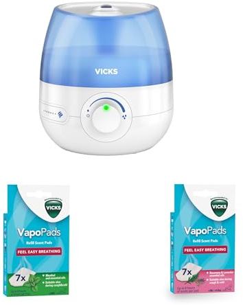 Bundle of Vicks Mini Cool Mist ultrasonic humidifier - VUL525 + VapoPads Rosemary & Lavender VBR7 + Vicks VapoPads Menthol VH7