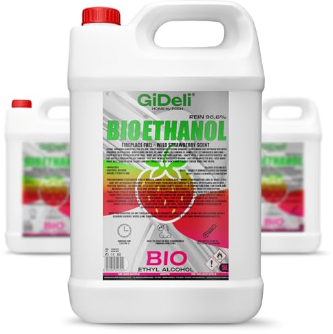 GiDeli Bioetanol 3 x 5 l con aroma a fresa silvestre 96,6% etanol para chimeneas interiores y exteriores, sin humo ni hollín, de maíz y remolacha azucarera