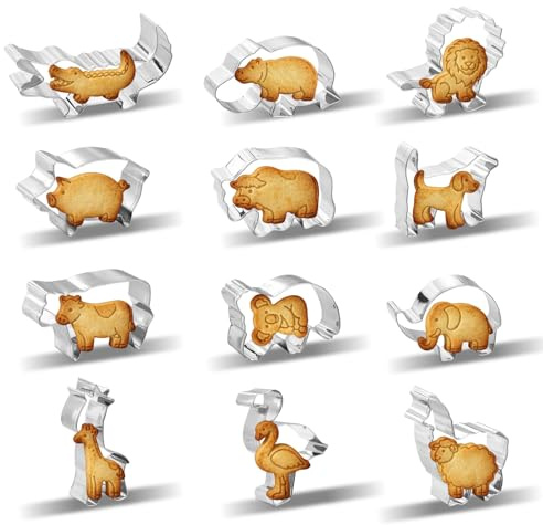 12 Pcs Animal Cookie Cutters, Safari Zoo Animal Cookie Cutters Set Animals Cracker Cookies Cutter with Lion Giraffe Hippo Panda Koala Elephant Dog Crocodile Swan