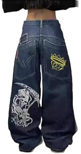 Cargo jeans kvinnor säckiga, damer stretchjeans, mode tryckta denimbyxor, casual Y2K goth street tunna byxor baggy vintage vida ben byxa med fickor retro tvättade utsvängda byxor