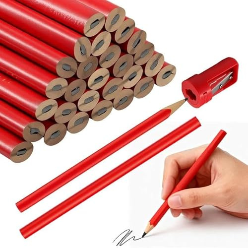 KASURE 30 Stück Zimmermannsbleistift Roter Bleistift Baustelle Markierungsbleistift Set Roter Baustellen Bleistift aus Holz mit inkl Anspitzer Baubleistift für Handwerker Schreiner Zeichnen Anreißen