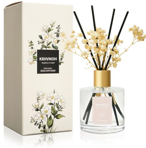 KRIIVMOH Diffuseur Parfum Maison, 200 ML, diffuseur de Parfum au Fleur d'oranger avec 8 bâtonnets Parfum Longue durée pour la Maison, la Salle de Bain, la décoration de la Chambre