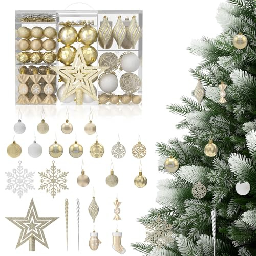 HENGMEI Weihnachtskugeln 138tlg Set Christbaumschmuck Kunststoff mit Stern Spitze Christmas Decorators Aufhängen Christbaumkugel (Champagner)