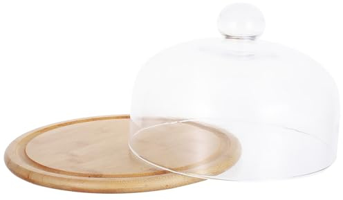TOVINANNA Plateau à Gâteaux en Bois avec Cloche en Verre Transparent sans Plomb Diamètre 22 CM Présentoir à Gâteaux et Porte-Aliments Cuisine Fête et Salon