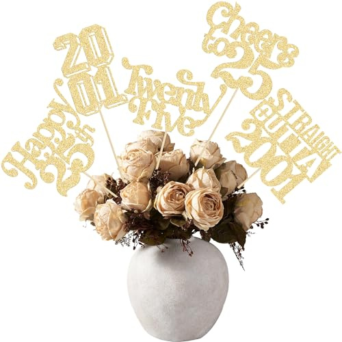 Gyufise 15 bastoncini centrotavola per 25° compleanno, venticinque dritti fuori 2001, centrotavola da tavola, per applausi fino al 25° compleanno, forniture per feste di compleanno, oro