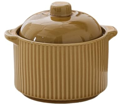 MEMEM Cuenco de cerámica for Hornear, cazuelas Redondas Resistentes a Altas temperaturas con Tapa, pudines y postres, ollas de Barro for cocinar, Sopa for sopas(Brown)