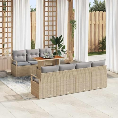 Kaloriko Trädgårdssockset 8 delar, beige och grå, polyrattan med akaciaträ, modulär loungesoffa för utomhusbruk med förvaringsutrymme, inklusive kuddar och trädgårdsbord