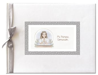 Libro de Firmas Comunión Niña– Álbum de Recuerdos con Portada Acolchada en Guaflex Blanco Elegante, Lazo Plateado, Papel 160 g, 64 Páginas, 27,5 x 23 cm – Presentación en Caja Transparente