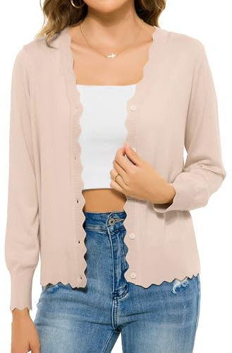 Lovasy Cardigan con Bottoni Donna Corto Giacca in Maglia Elegante Curvy a Maniche Lunghe Golfino con Scollo a V Aperto Davanti Cardigan Leggero ed Traspirante,A-Albicocca,M