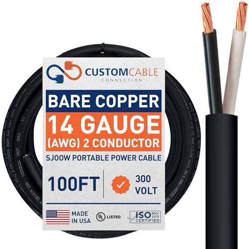 14/2 SJOOW 300V Cable – 14 Gauge (14 AWG) Portable Power Cable with 2 Conductors – Fully Annealed Stranded Bare Copper Wires – Water & Oil Resistant for Heavy Duty Industrial Use – USA Made (100ft)