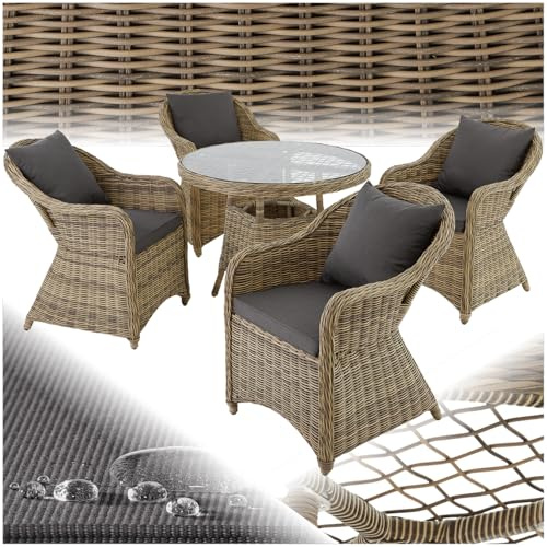 tectake® Sitzgruppe, Rattan Gartenmöbel Set, 1x Tisch und 4X Stuhl, Möbel wetterfest als Lounge im Wintergarten, Balkonmöbel, Gartensessel, Terrassenmöbel - Natur