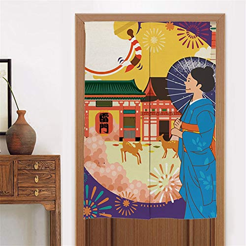 Liveinu Lino Cortinas para Puerta Japonesa Noren Cortina con Barra De Tensión Hecho A Mano Cortina de Entrada Tapiz para Decoración,Dividir La Habitación 85x90cm Style 9