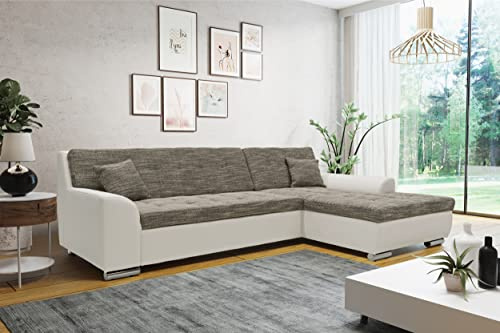 DOMO. collection Ecksofa Treviso, Schlafsofa in L-Form aus Kunstleder und Webstoff, Sofa, Couch mit Schlaffunktion, Eckcouch, Polsterecke, 267 x 178 x 83 cm (BxTxH), grau/weiß | Longchair rechts mit Bettfunktion und Kunstleder, L-Form mit Chromfüßen, 267 x 178 x 83 cm (BxTxH)