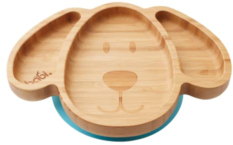 BABI® Großer Hundeteller für Babys, Kleinkinder, natürlicher Bambus, mit Silikon-Saugnapfring, Blau