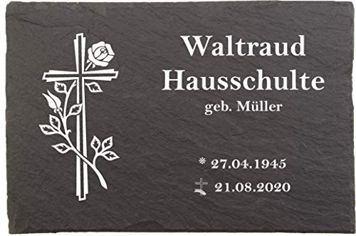 Urnengrabstein Kreuz mit Rose, Grabstein, Grabplatten mit personalisierter Lasergravur, 30cm x 20cm 100% witterungsbeständig, Naturschieferstein