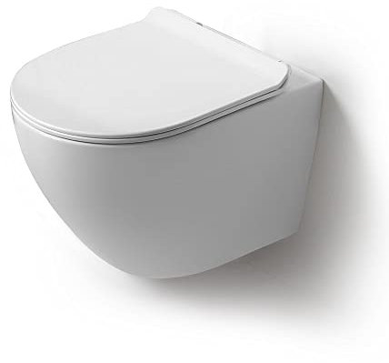 Kiamami Valentina - Vaso WC Sospeso in Ceramica Senza Brida | Tondo con Coprisedile | Facile da Pulire | Design Moderno ed Elegante | Dimensioni: 36x49x35,5 cm